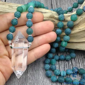 Natural Quartz Double point Crystal Pendant with Green Agate 8mm Beads