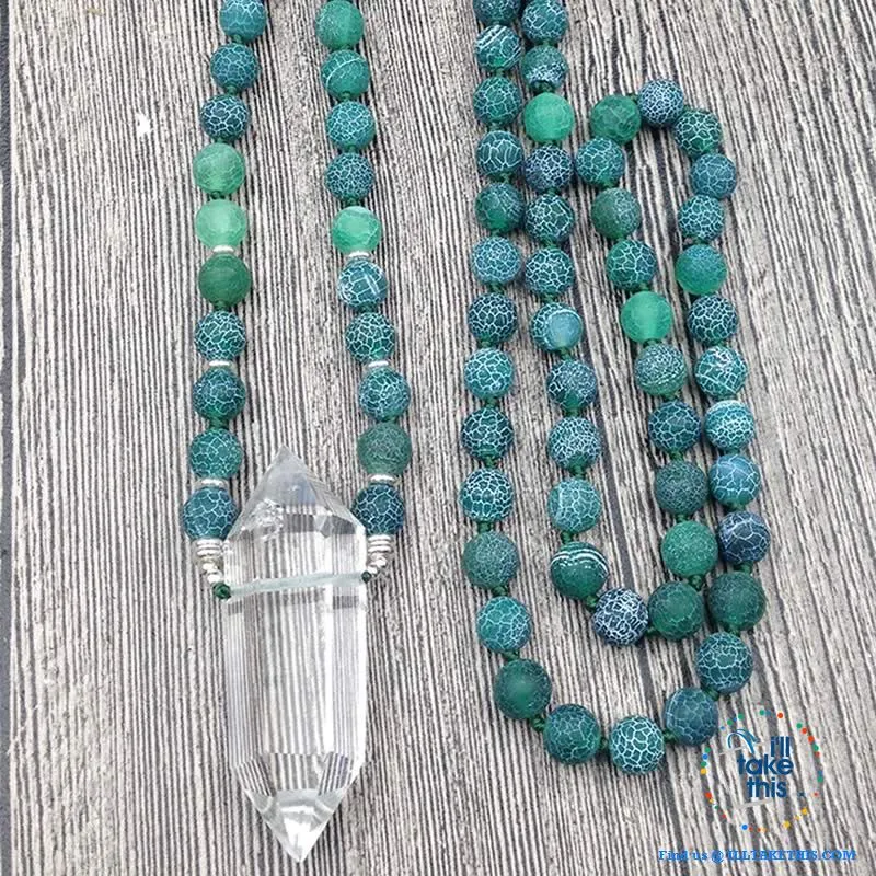Natural Quartz Double point Crystal Pendant with Green Agate 8mm Beads