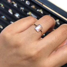 Natural Rainbow Moonstone Emerald Cut Simple Bezel Set Engagement Ring - 14k Gold Vermeil Rings