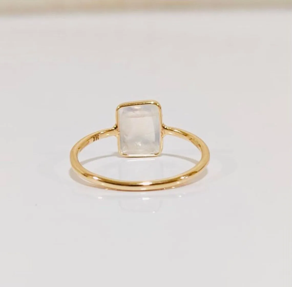 Natural Rainbow Moonstone Emerald Cut Simple Bezel Set Engagement Ring - 14k Gold Vermeil Rings