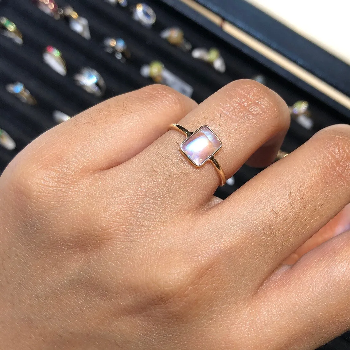 Natural Rainbow Moonstone Emerald Cut Simple Bezel Set Engagement Ring - 14k Gold Vermeil Rings