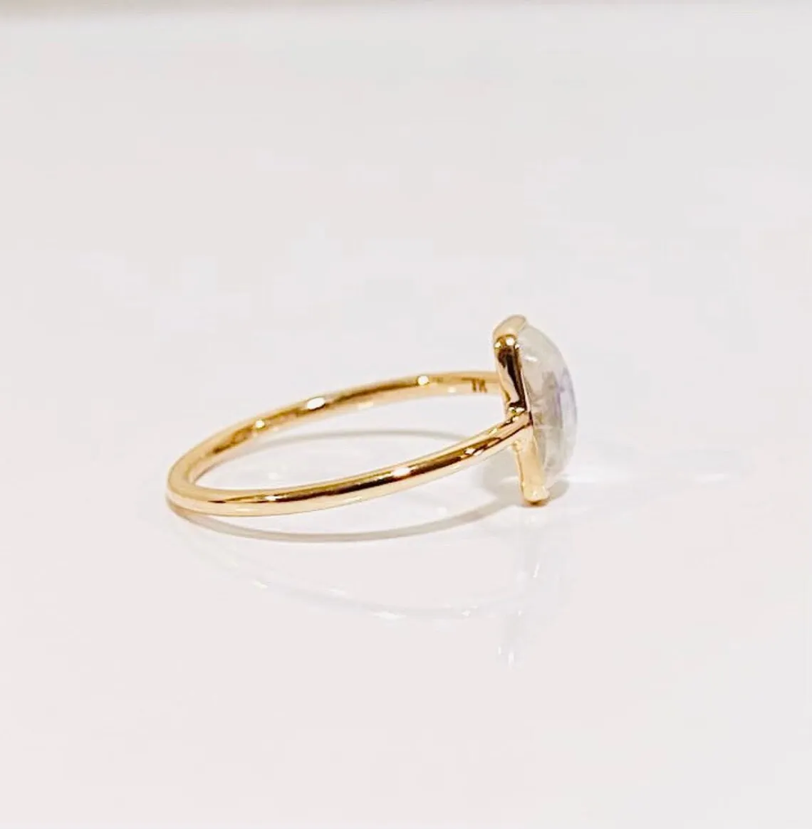Natural Rainbow Moonstone Emerald Cut Simple Bezel Set Engagement Ring - 14k Gold Vermeil Rings