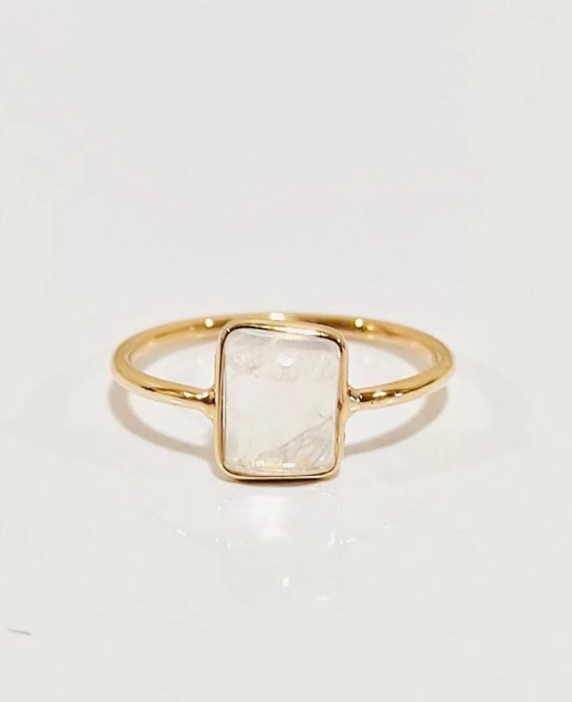 Natural Rainbow Moonstone Emerald Cut Simple Bezel Set Engagement Ring - 14k Gold Vermeil Rings