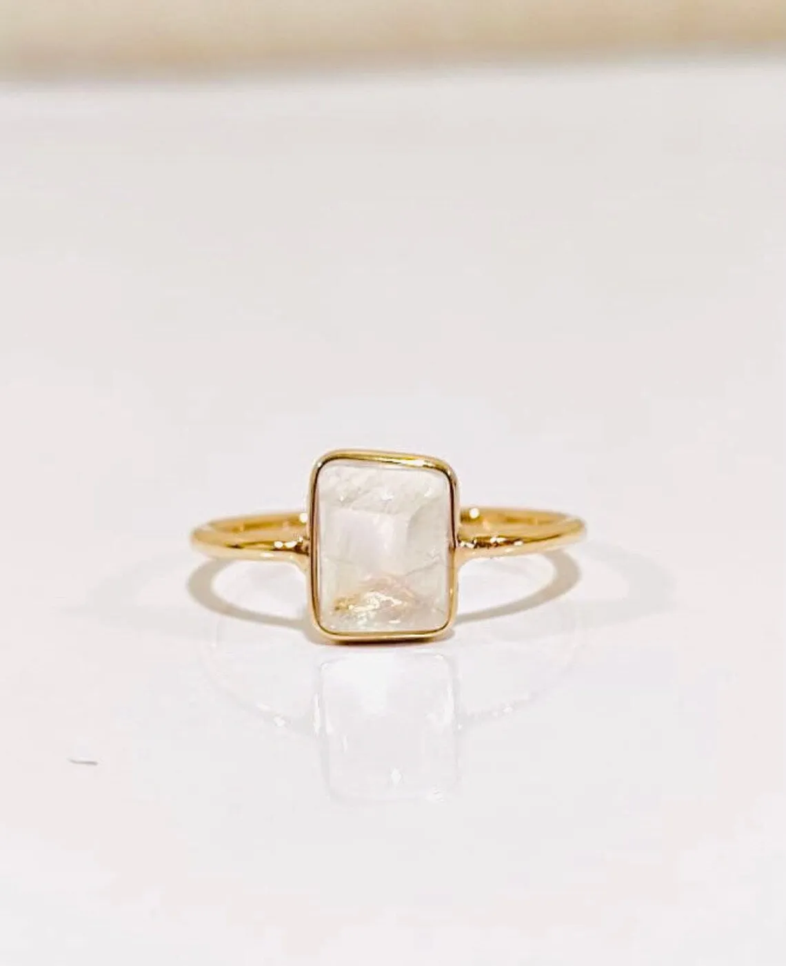 Natural Rainbow Moonstone Emerald Cut Simple Bezel Set Engagement Ring - 14k Gold Vermeil Rings