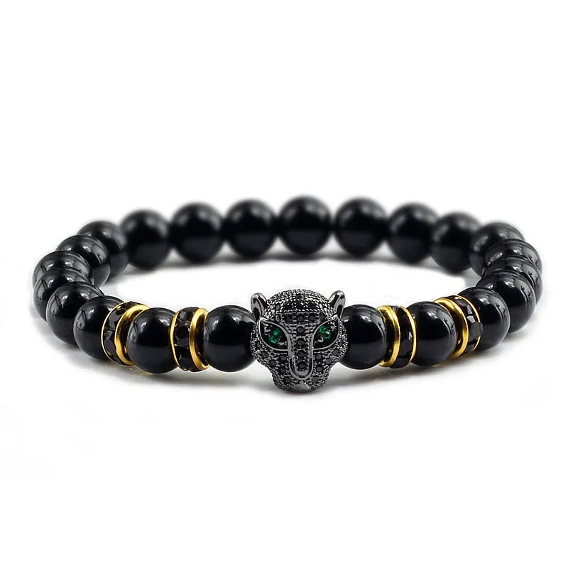 Natural Stone Men Bracelet Charm Gold Color Pave CZ Leopard Hematite Beaded Bracelets