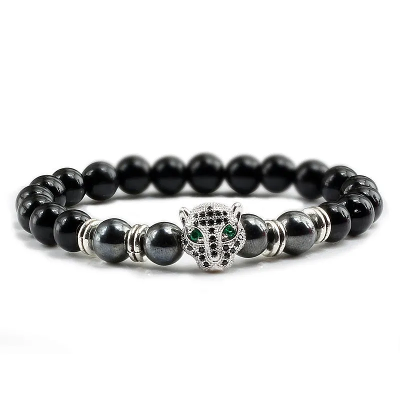 Natural Stone Men Bracelet Charm Gold Color Pave CZ Leopard Hematite Beaded Bracelets