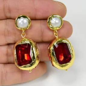Natural White Pearl Red Crystal Dangle Earrings