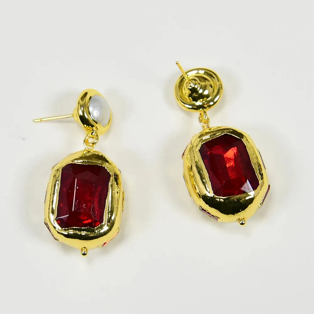 Natural White Pearl Red Crystal Dangle Earrings