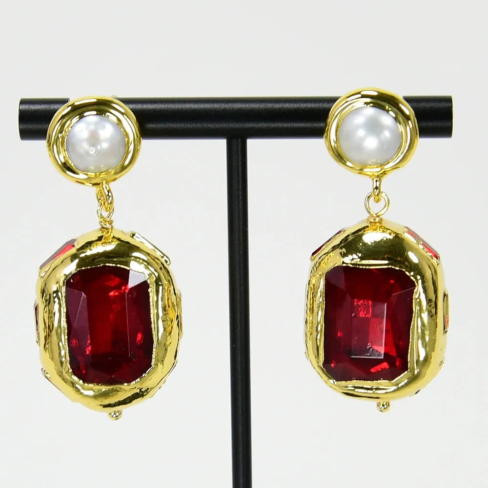Natural White Pearl Red Crystal Dangle Earrings