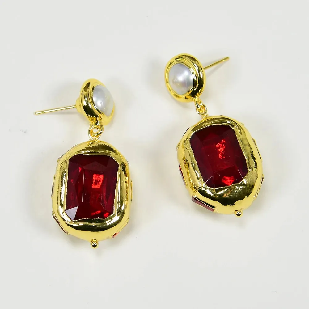 Natural White Pearl Red Crystal Dangle Earrings