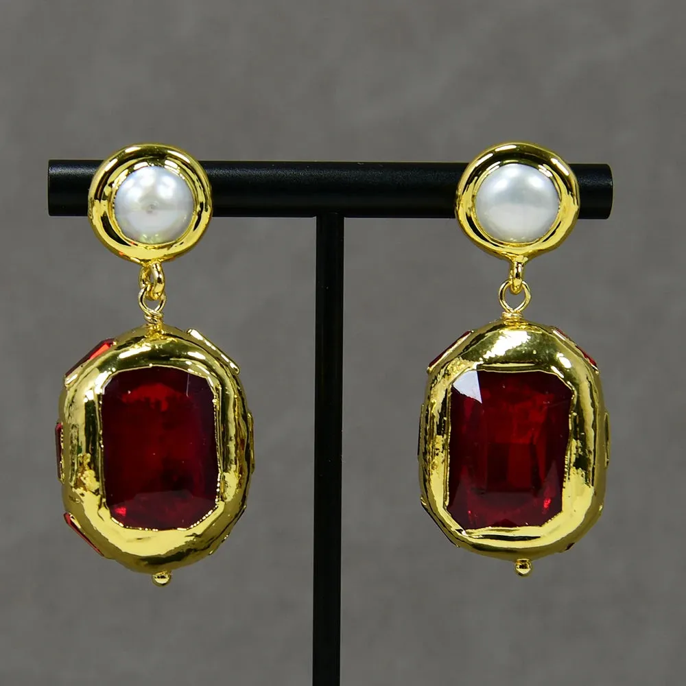 Natural White Pearl Red Crystal Dangle Earrings