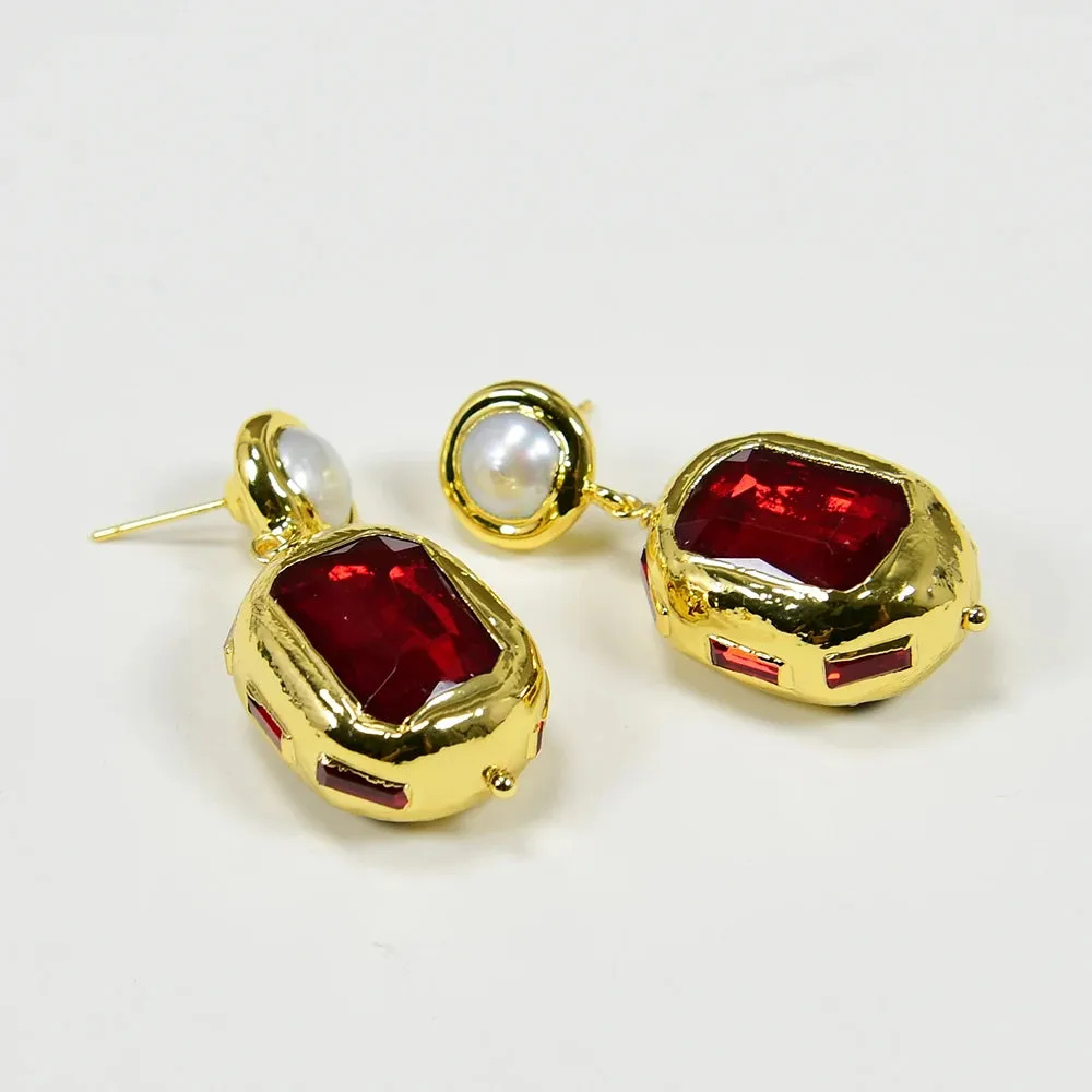 Natural White Pearl Red Crystal Dangle Earrings