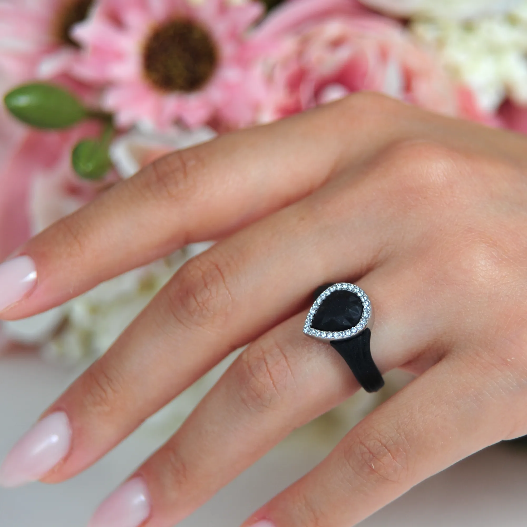 New! Pear Silicone Ring with Metal Frame and Stones