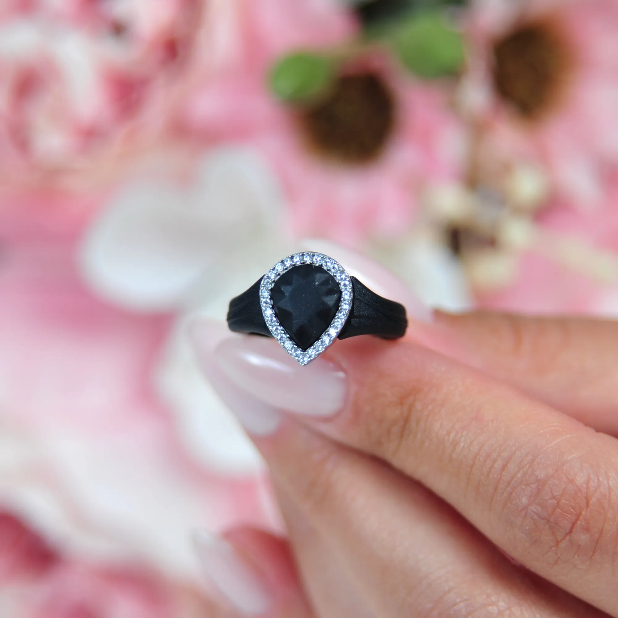New! Pear Silicone Ring with Metal Frame and Stones
