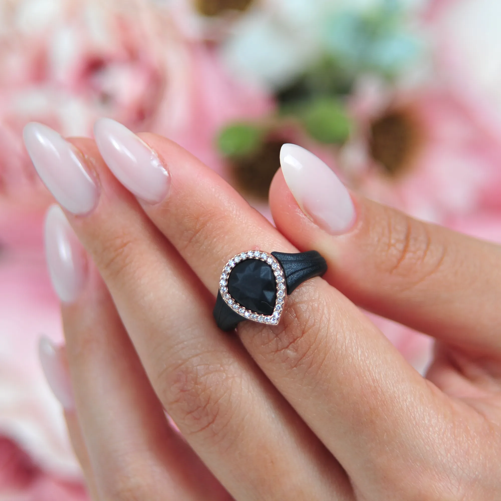New! Pear Silicone Ring with Metal Frame and Stones