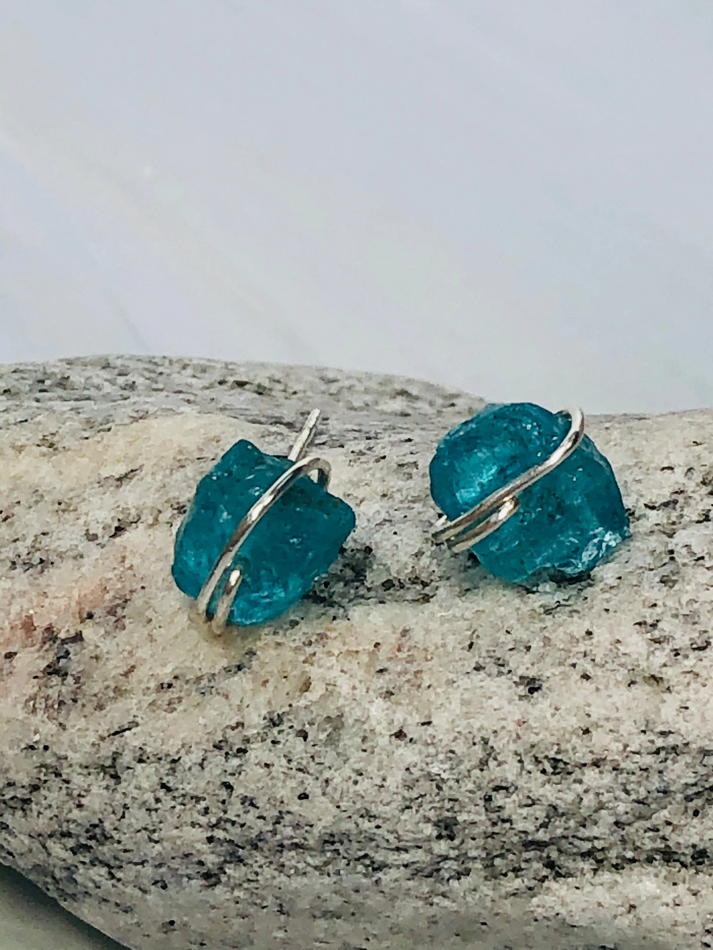 Organic Apatite Post Earrings, dainty raw Apatite  stud earrings, artisan Apatite  earrings