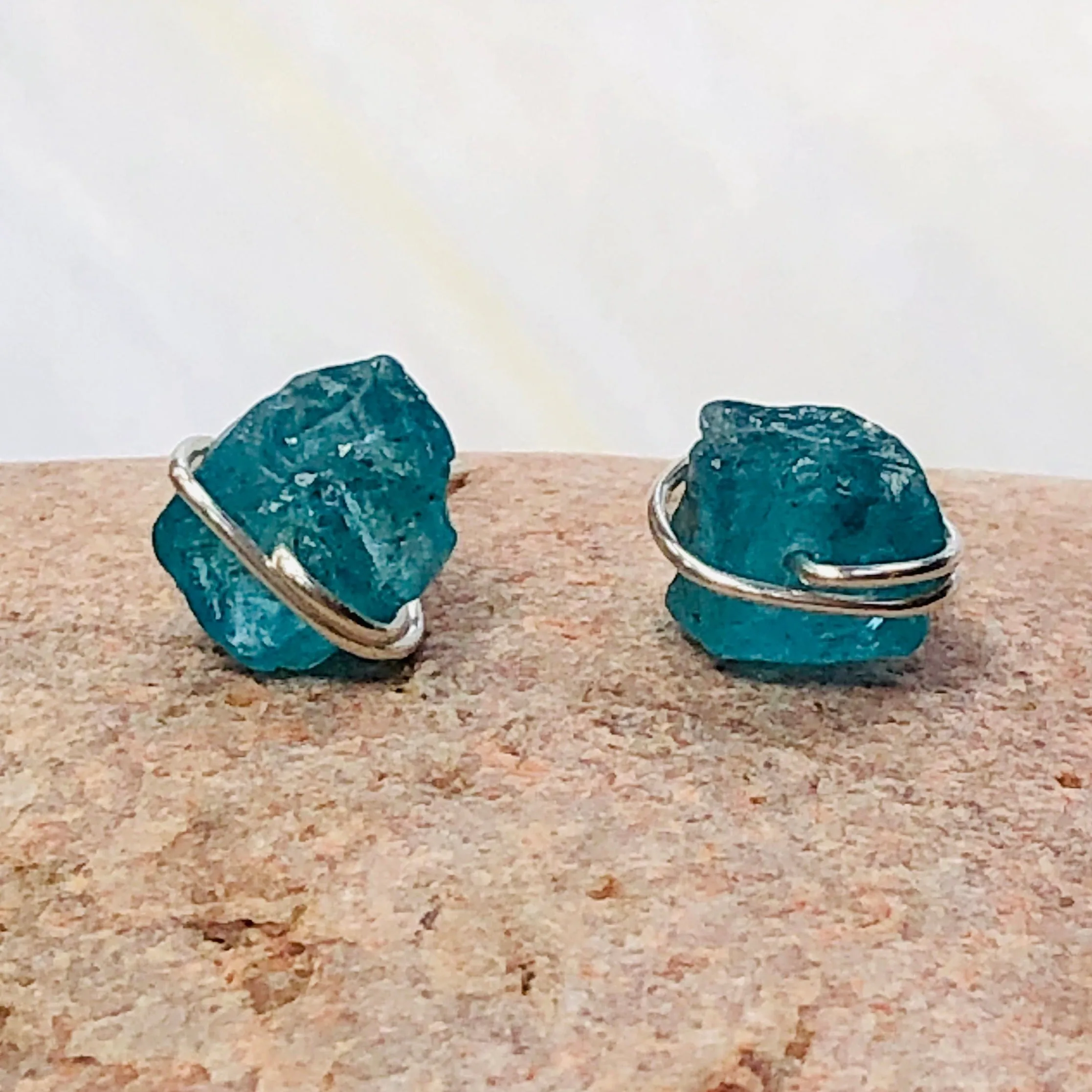 Organic Apatite Post Earrings, dainty raw Apatite  stud earrings, artisan Apatite  earrings