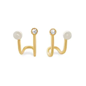 Pearl and Cubic Zirconia Cuff Stud Earrings in 9ct Yellow Gold