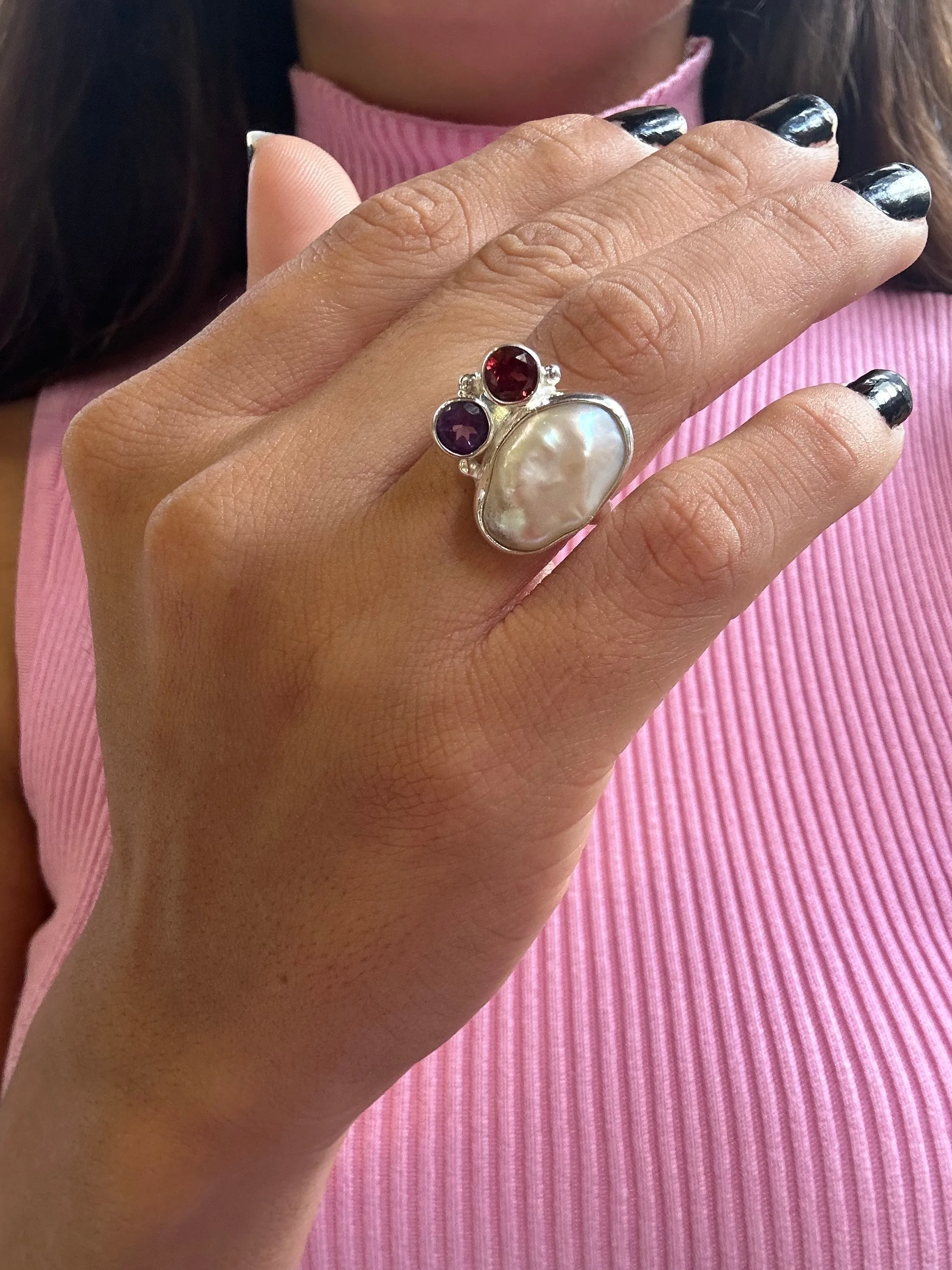 Pearl Garnet & Amethyst Ring 925 Sterling Silver Multi Natural Stone Statement Ring