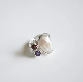 Pearl Garnet & Amethyst Ring 925 Sterling Silver Multi Natural Stone Statement Ring