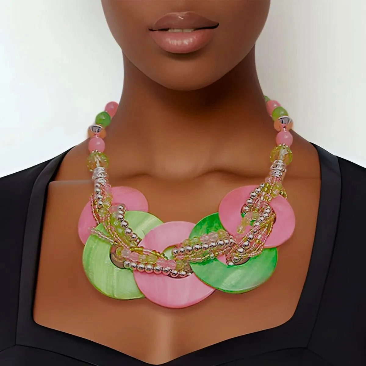 Pink and Green Beaded Disc Necklace Set