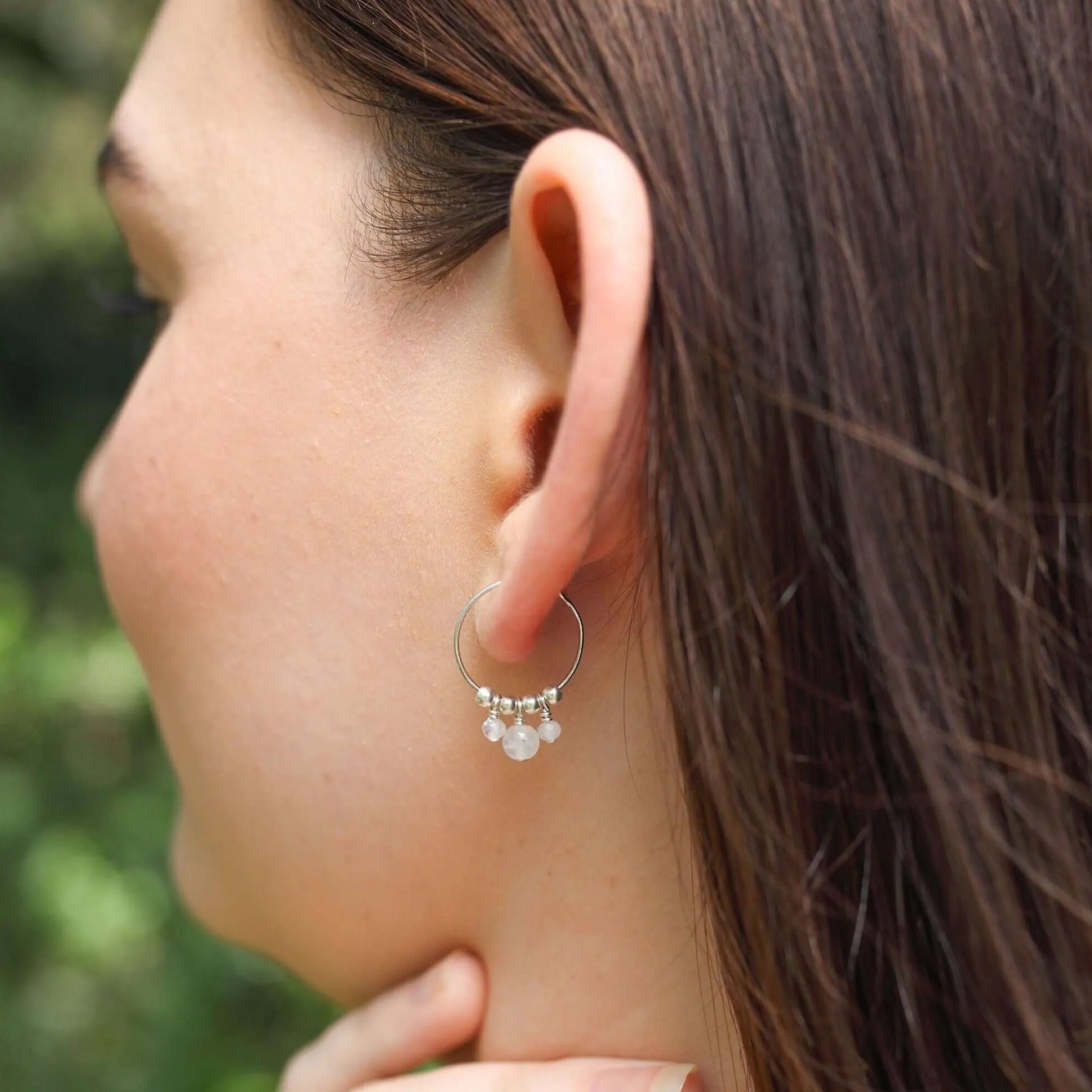 Rainbow Moonstone Gemstone Bead Drop Hoop Earrings