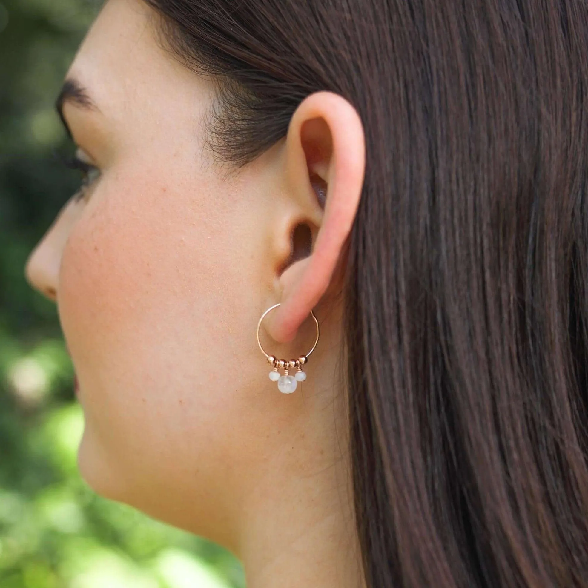 Rainbow Moonstone Gemstone Bead Drop Hoop Earrings