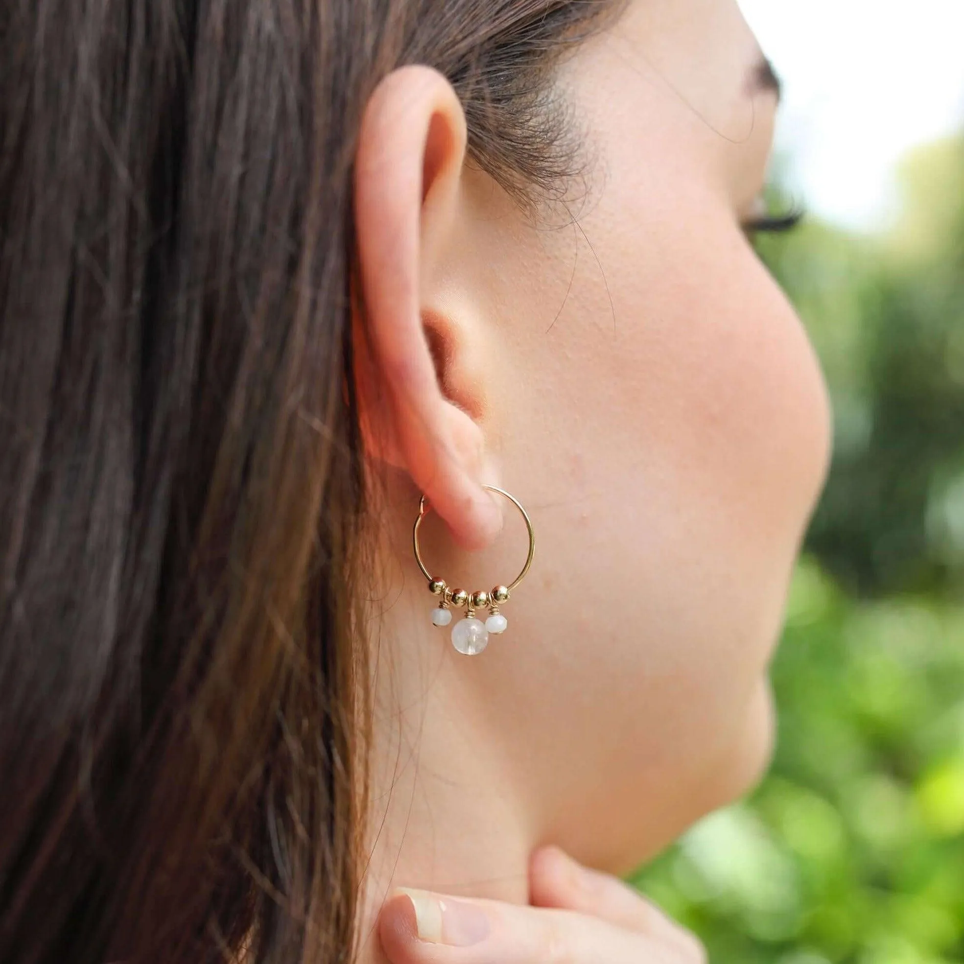 Rainbow Moonstone Gemstone Bead Drop Hoop Earrings