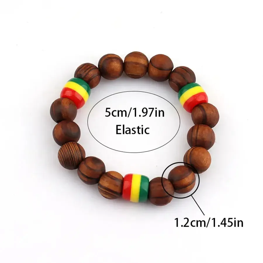 Rasta Beaded Bracelet Set - Natural Wood and Matte Black Beads