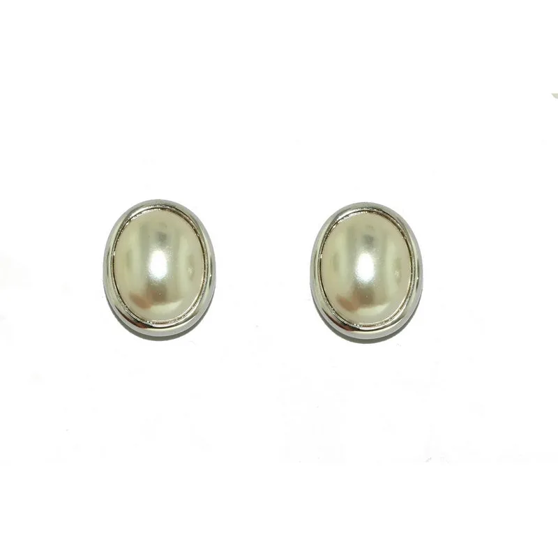 rhodium oval pearl stud earrings