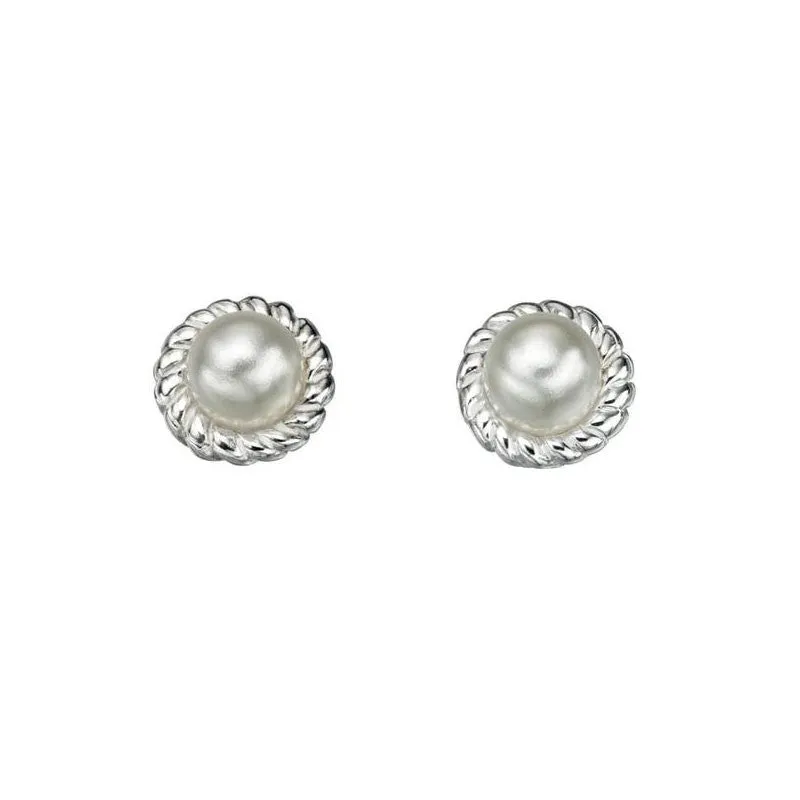 Rope Edge Silver Solitaire Pearl Stud Earrings