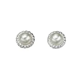 Rope Edge Silver Solitaire Pearl Stud Earrings