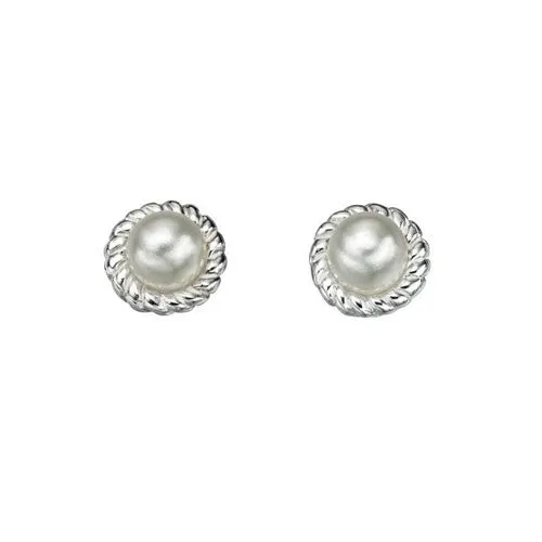 Rope Edge Silver Solitaire Pearl Stud Earrings
