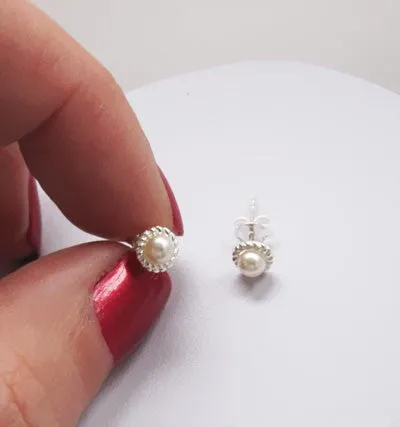 Rope Edge Silver Solitaire Pearl Stud Earrings