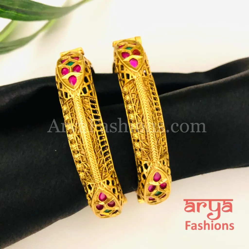 Ruby Kundan Kada with Emerald stones, Pair of 2 Bangles