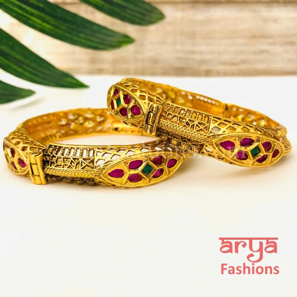 Ruby Kundan Kada with Emerald stones, Pair of 2 Bangles