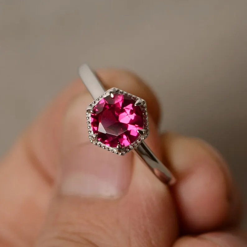 Ruby Solitaire Ring - 925 Solid Sterling Silver Ring
