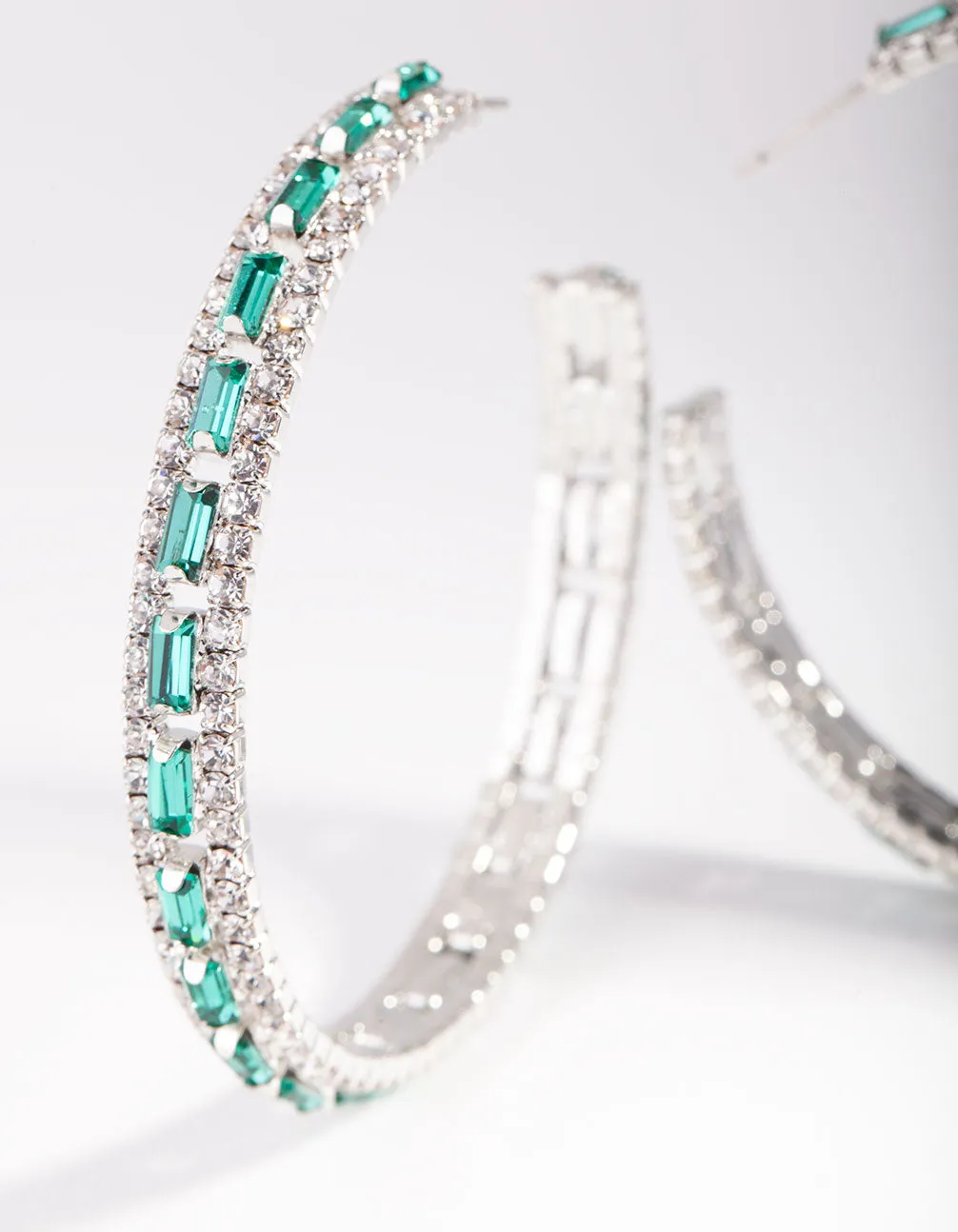 Silver Green Baguette Stone Centre Hoop Earrings