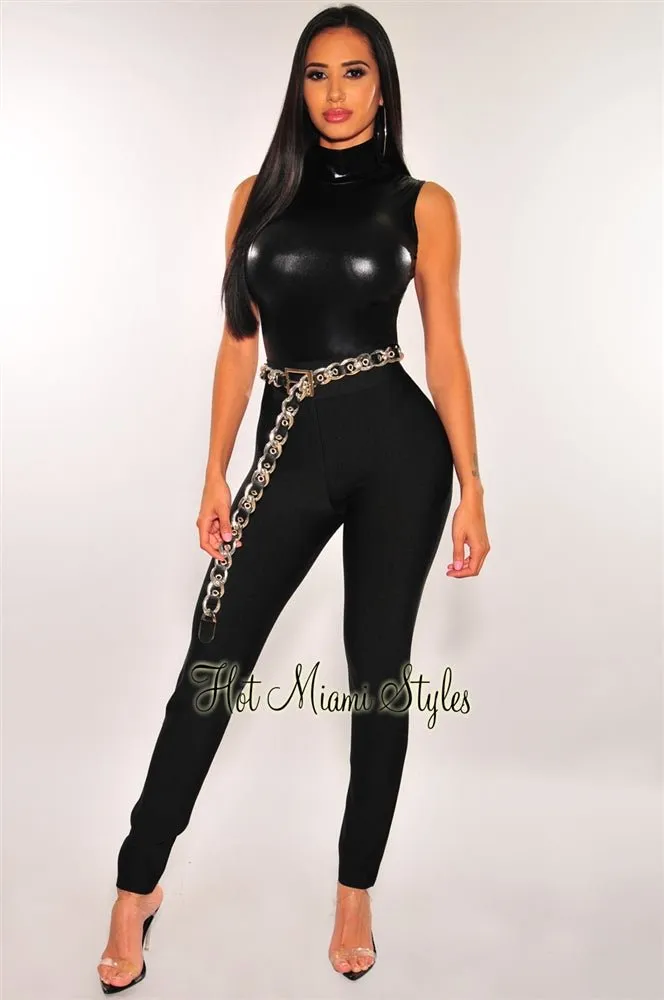 Silver Metal Black Faux Leather Chain Buckle Belt