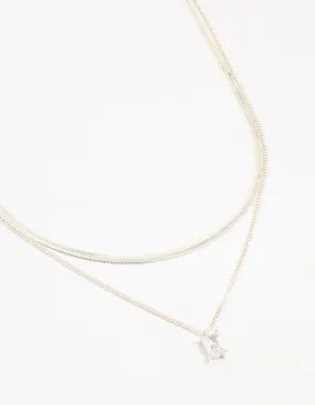 Silver Plated Baguette Diamante & Snake Chain Necklaces 2-Pack
