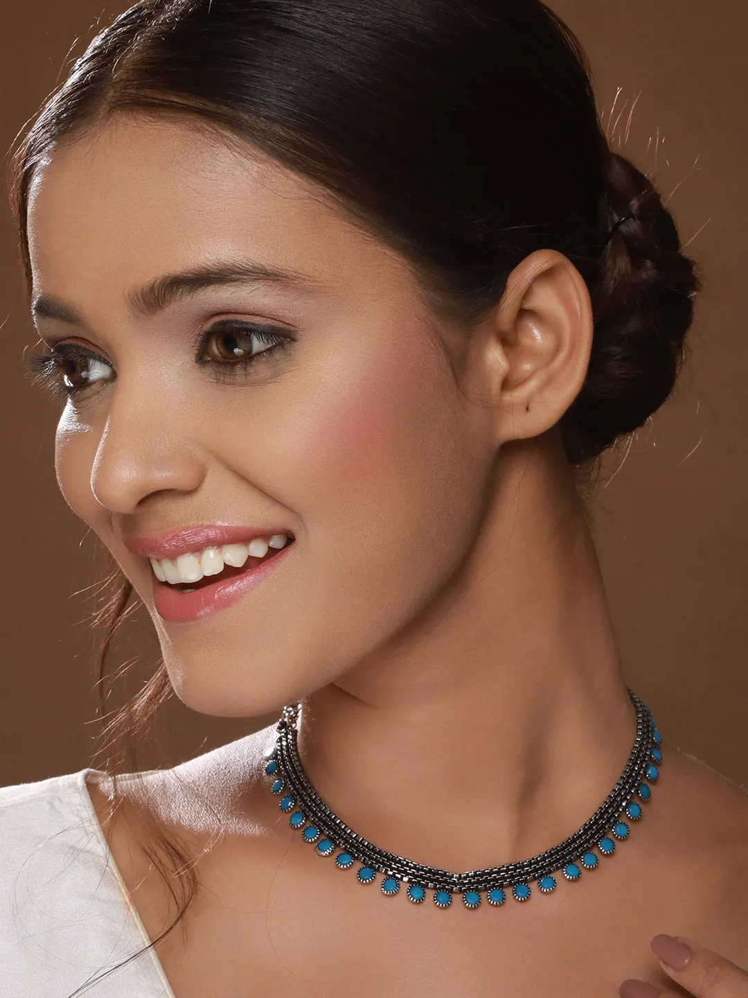 Silver Plated Blue Stone Studded Oxidised Necklace