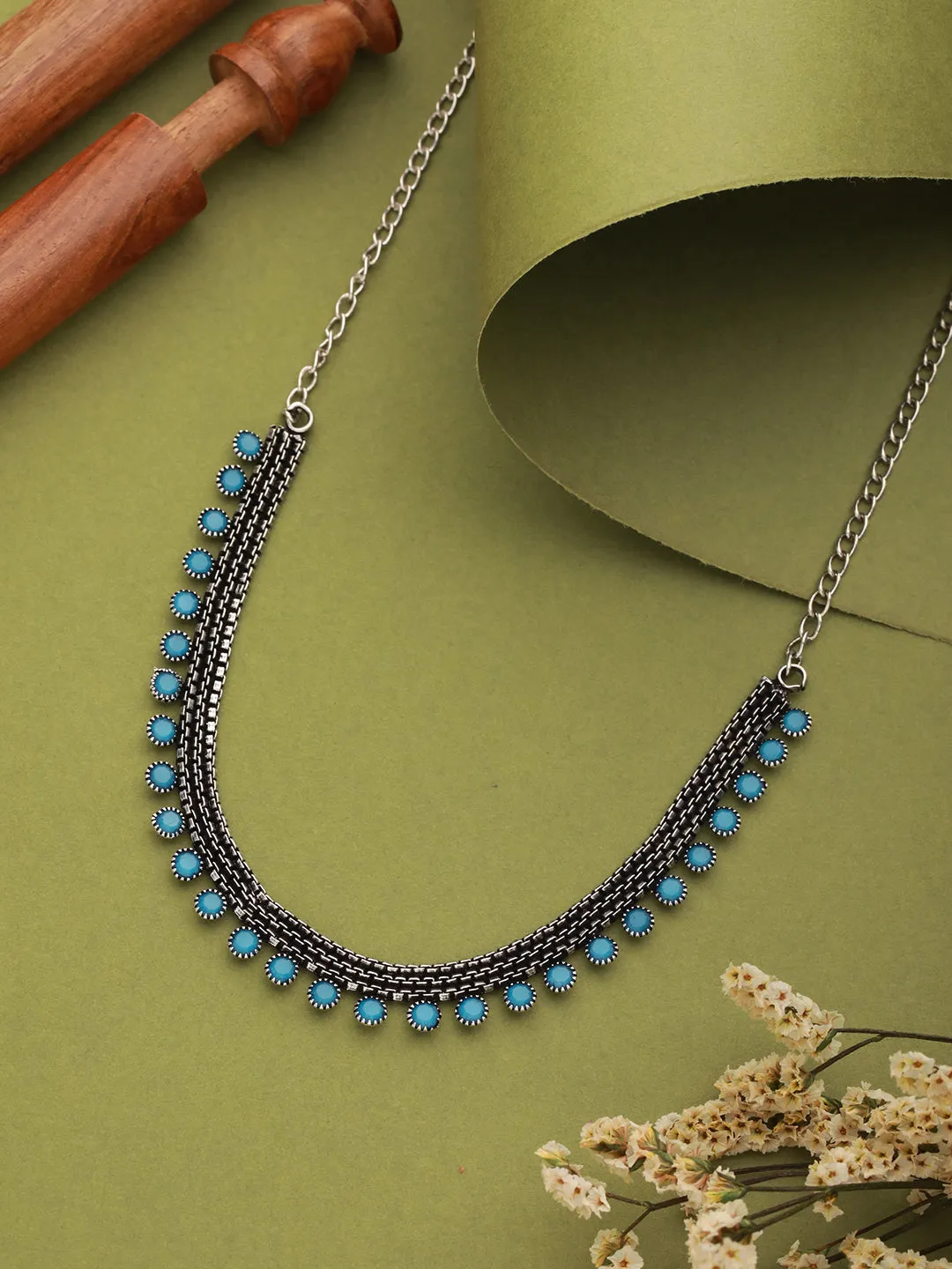 Silver Plated Blue Stone Studded Oxidised Necklace