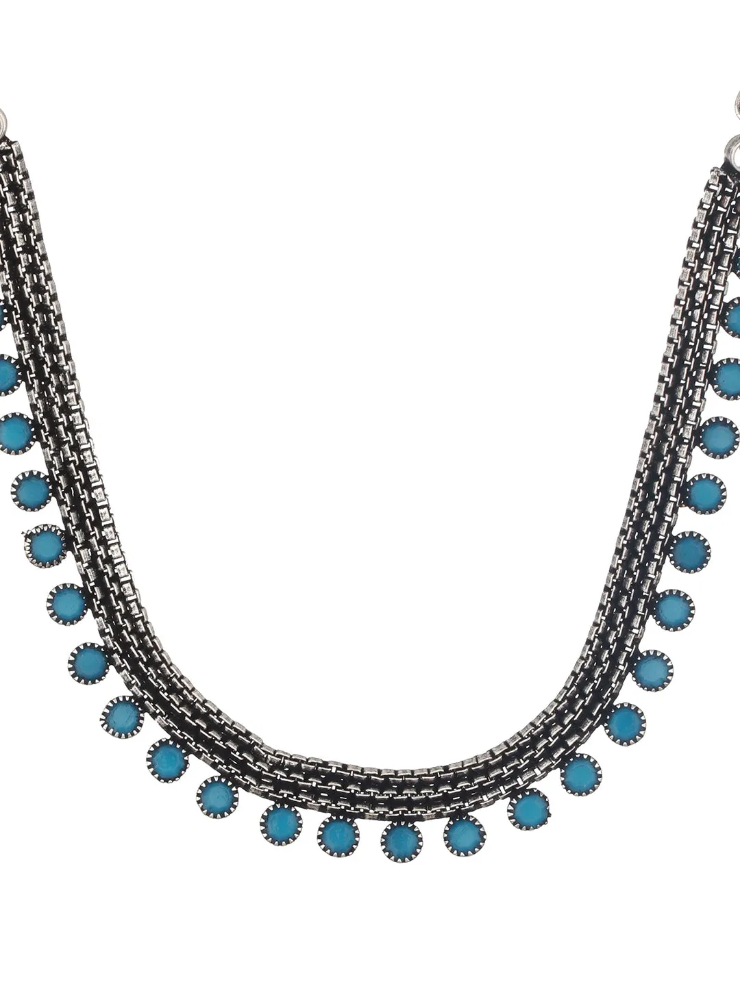 Silver Plated Blue Stone Studded Oxidised Necklace