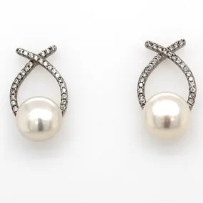 silver round pearl and cz wishbone stud�earrings 9.5mm