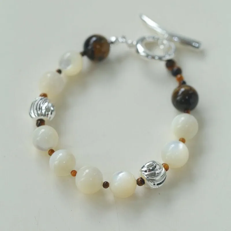 Smooth Mother of Pearls and Silver Shell Beaded OT Bracelet