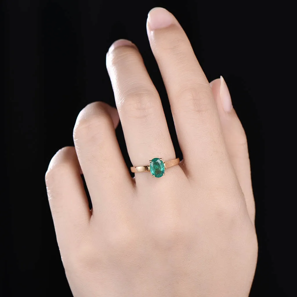 Solitaire Natural Oval Cut Emerald Engagement Ring