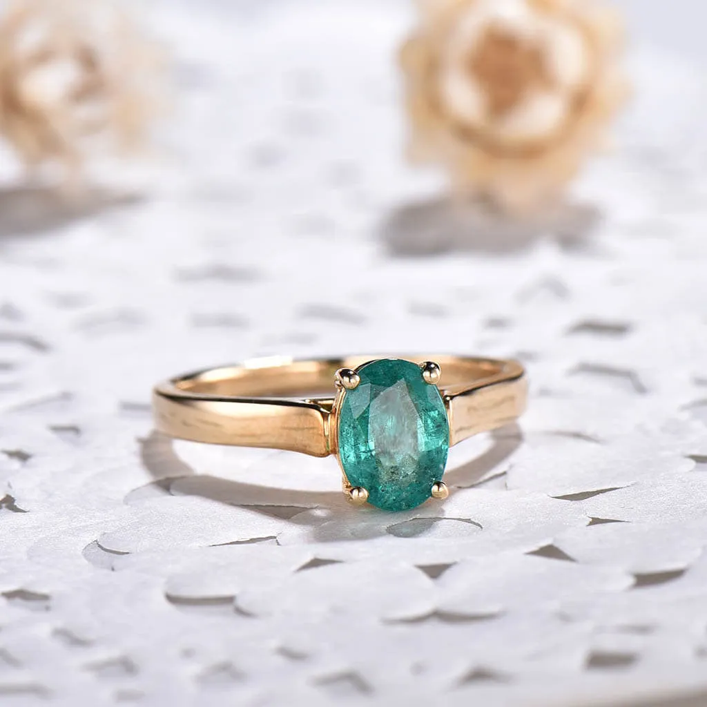 Solitaire Natural Oval Cut Emerald Engagement Ring
