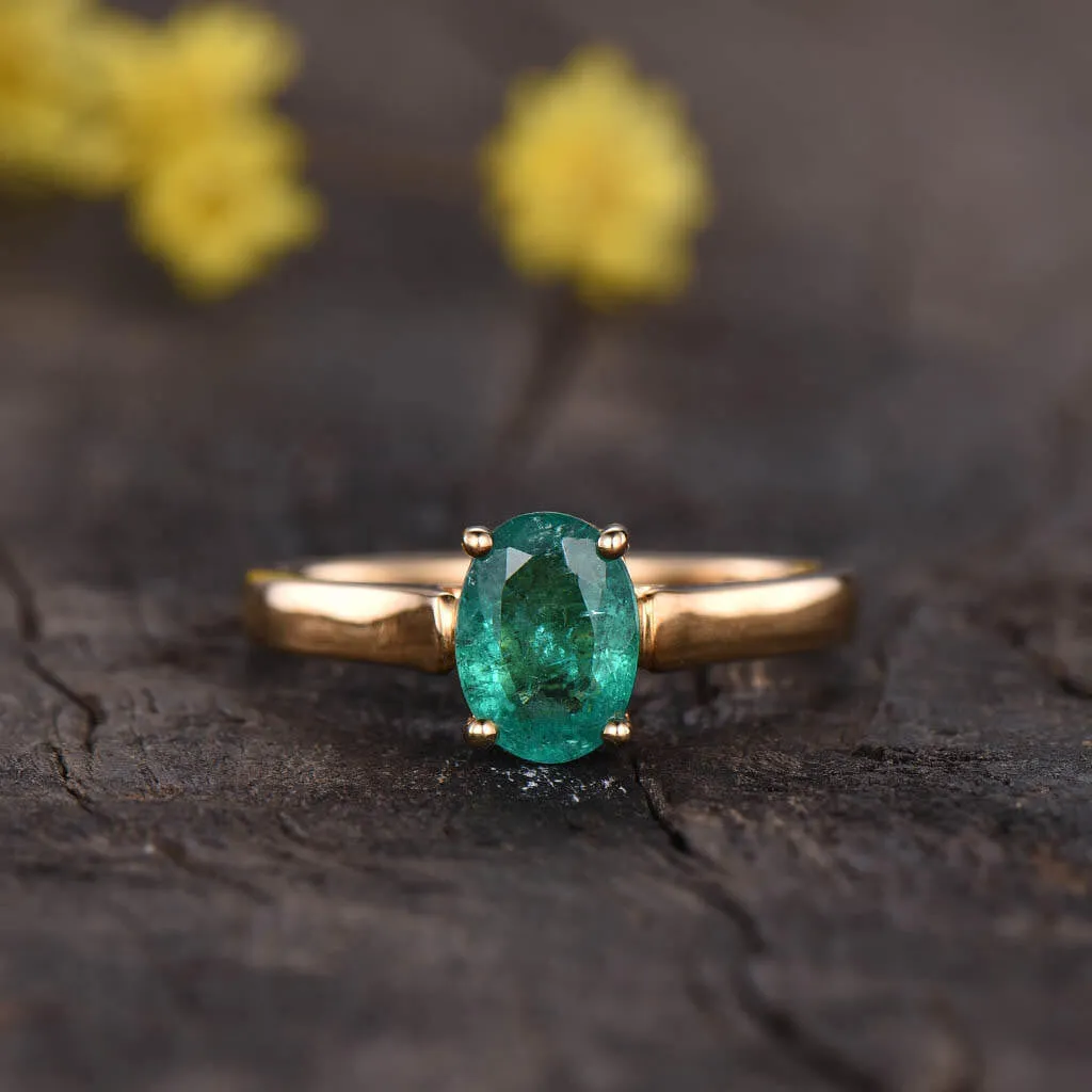 Solitaire Natural Oval Cut Emerald Engagement Ring