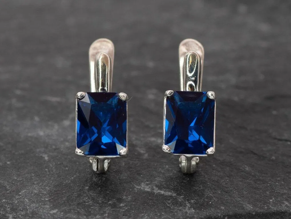 Square Sapphire Earrings - Blue Square Studs - Vintage Drop Earrings