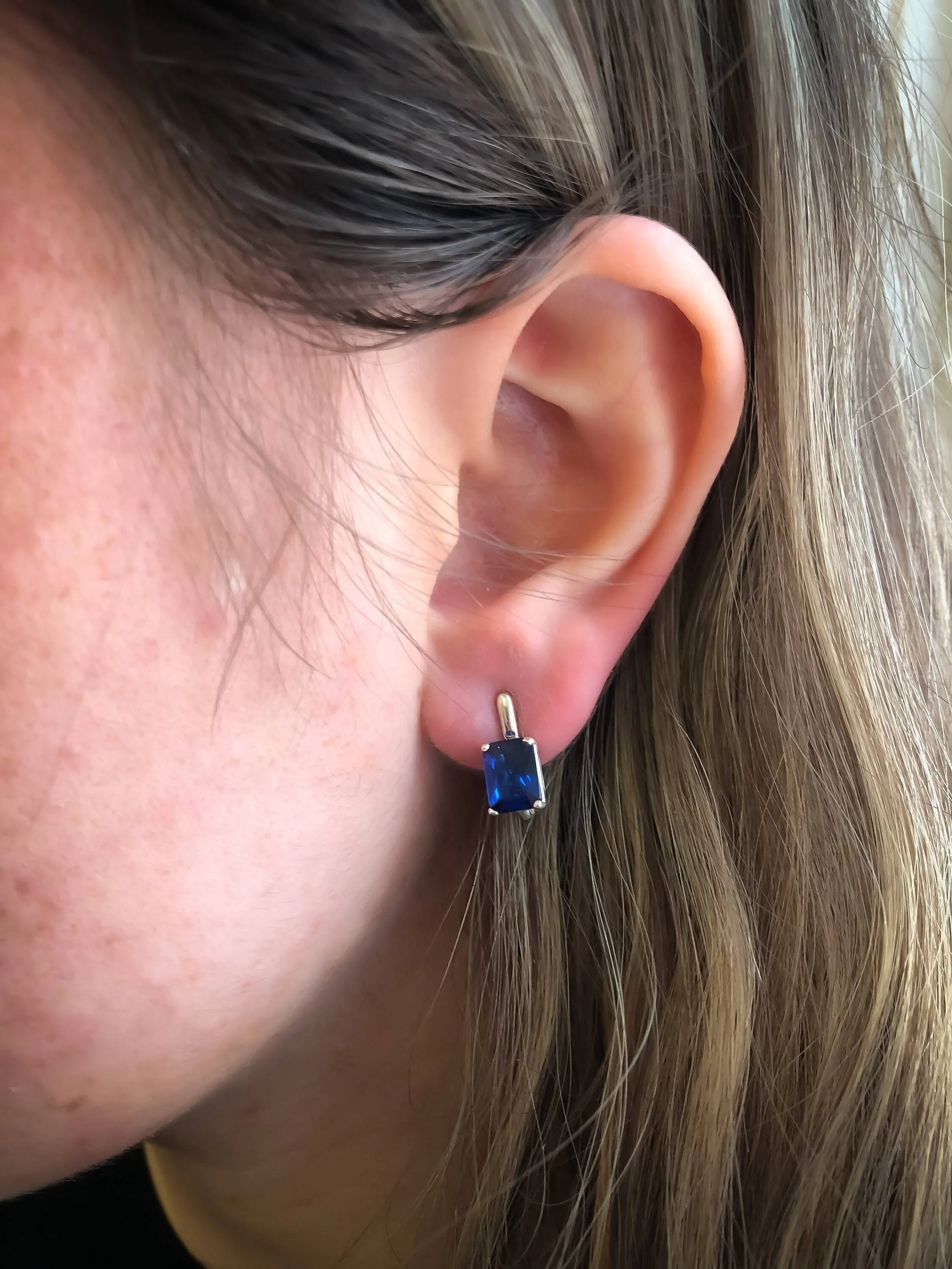 Square Sapphire Earrings - Blue Square Studs - Vintage Drop Earrings
